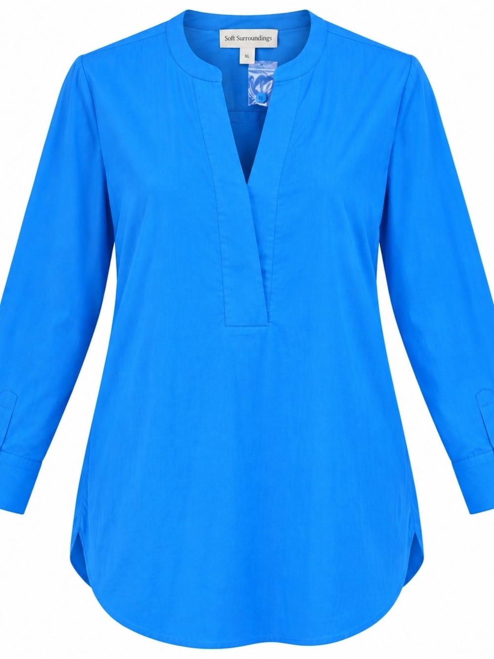 SOFT SURROUNDINGS | Blue Crisp Cotton Split V-Neck Tunic Blouse Top | XL